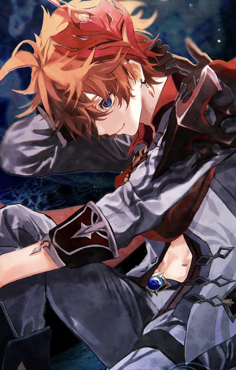 1boy, arms_up, bangs, belt, black_belt, blue_background, blue_eyes, blue_gemstone, brown_gloves, closed_mouth, collared_shirt, commentary_request, crystal, crystal_earrings, earrings, gem, genshin_impact, gloves, grey_jacket, grey_pants, hair_between_eyes, hands_up, highres, jacket, jewelry, long_sleeves, looking_down, looking_to_the_side, mask, mask_on_head, navel, orange_hair, pants, red_shirt, seventime_7, shirt, short_hair, single_earring, sitting, smile, solo, tartaglia_(genshin_impact)