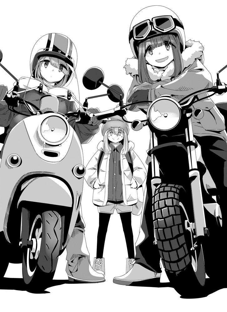 3girls, :d, afro_(kngotezo), bangs, beanie, blunt_bangs, boots, commentary_request