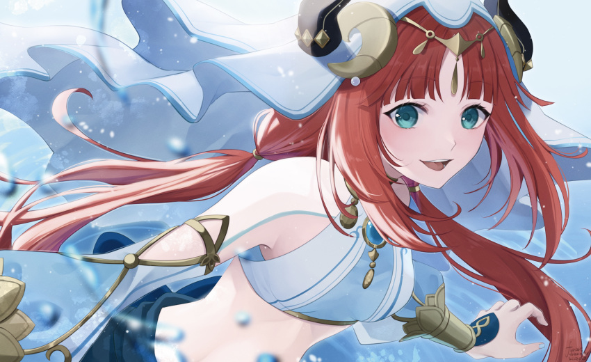 1girl, absurdres, bangs, breasts, eyebrows_hidden_by_hair, fake_horns, genshin_impact, green_eyes, hat, highres, horns, jewelry, kinaco_4738, long_hair, looking_at_viewer, nilou_(genshin_impact), open_mouth, redhead, smile, solo, veil, water
