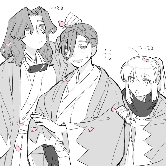 1girl, 2boys, :d, ahoge, closed_mouth, cowboy_shot, curtained_hair, fangs, fate/grand_order, fate_(series), flying_sweatdrops, gloves, greyscale, hair_between_eyes, hair_over_one_eye, hair_pulled_back, hakama, haori, holding, holding_petal, huzishiro, japanese_clothes, jitome, kimono, long_hair, looking_at_another, medium_hair, monochrome, multiple_boys, okita_souji_(fate), okita_souji_(koha-ace), petal_on_body, petals, ponytail, saitou_hajime_(fate), saitou_hajime_(third_ascension)_(fate), scarf, shinsengumi, short_hair, simple_background, single_glove, skin_fangs, smile, spot_color, sweatdrop, wavy_hair, white_background, yamanami_keisuke_(fate)