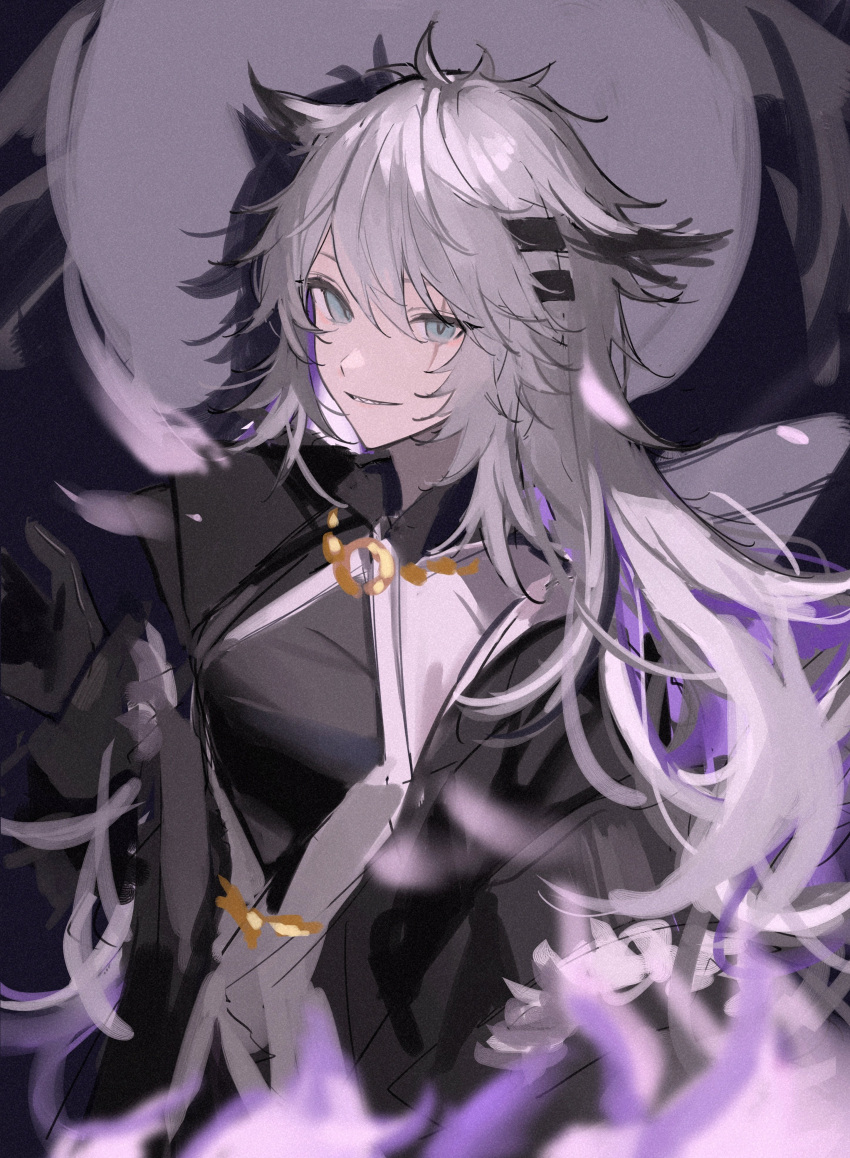 1girl, absurdres, animal_ears, arknights, black_jacket, blue_eyes, grey_hair, hair_between_eyes