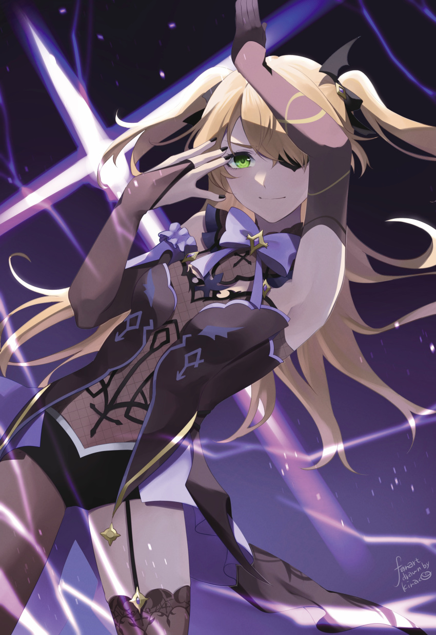 1girl, absurdres, arm_up, armpits, bangs, black_gloves, black_thighhighs, blonde_hair