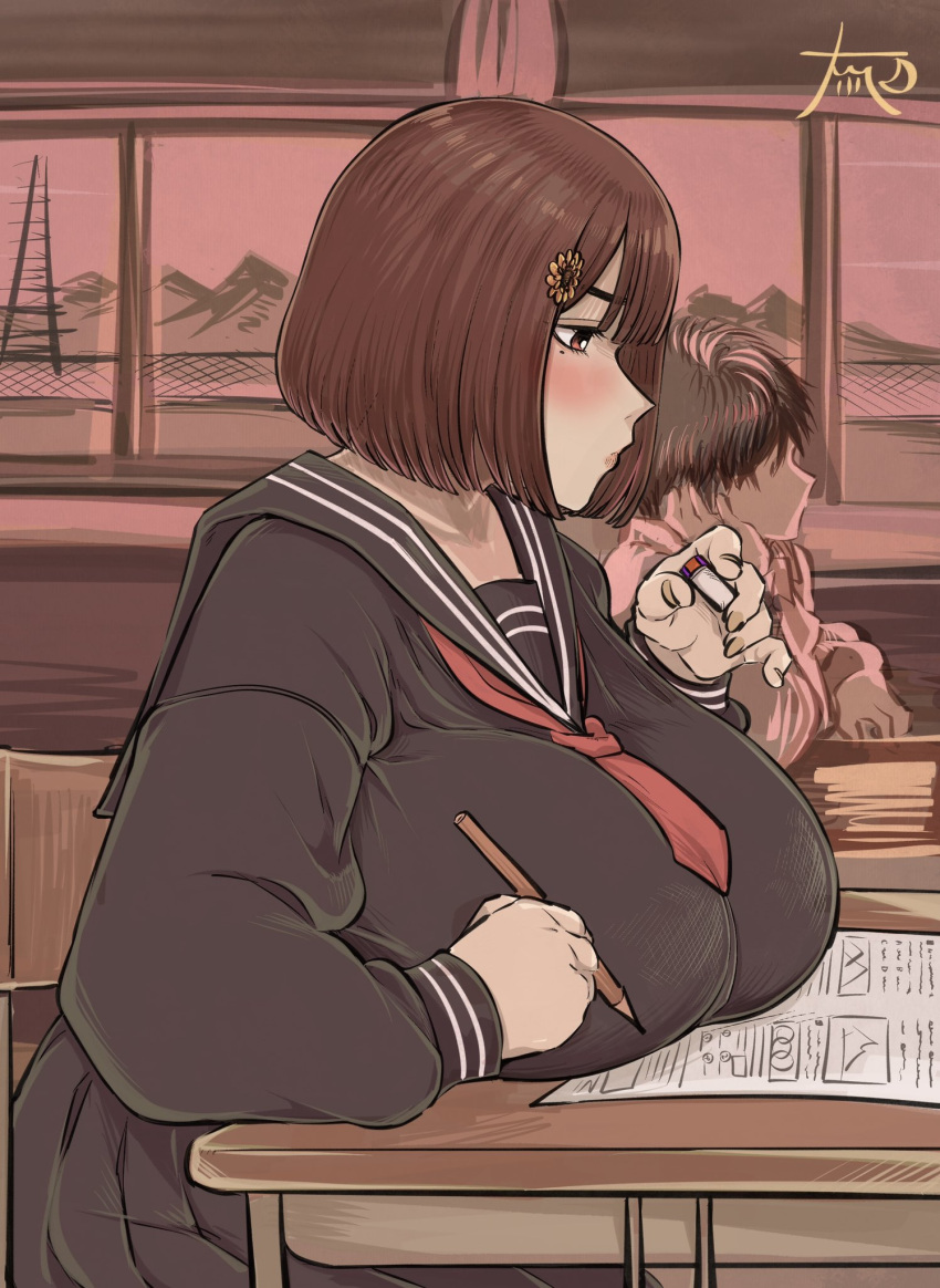 1girl, 2boys, black_serafuku, blush, bob_cut, breasts, brown_hair, classroom