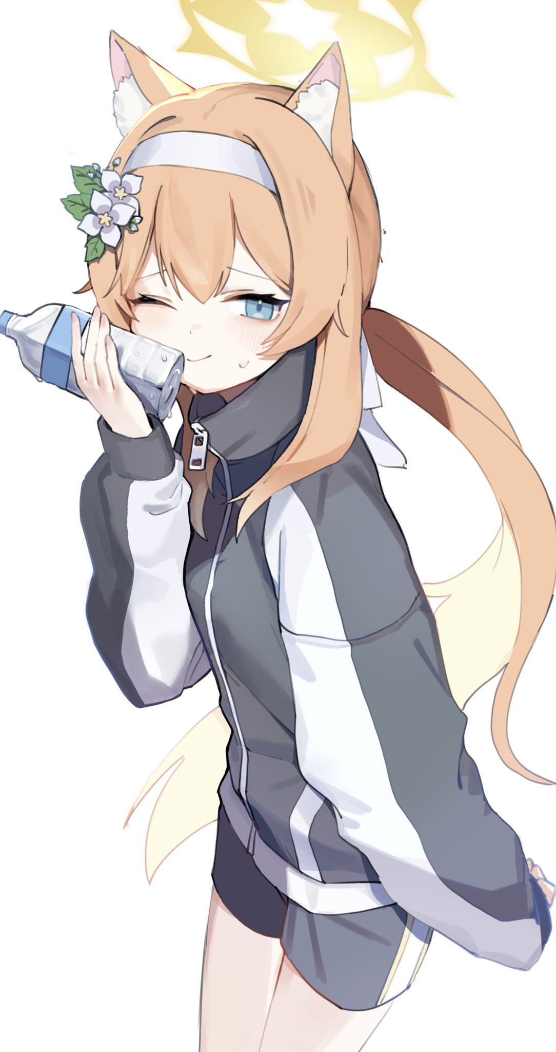 1girl, alternate_hairstyle, animal_ear_fluff, animal_ears, blue_archive, blue_eyes, bottle, flower