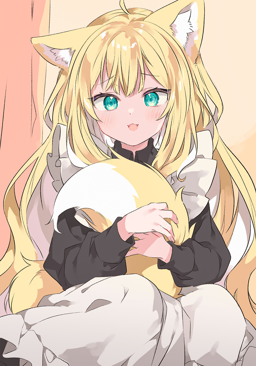 1girl, ahoge, animal_ear_fluff, animal_ears, apron, bangs, black_shirt, blonde_hair, blush, colored_inner_hair, commentary, fox_ears, fox_girl, fox_tail, fuwafuwa-chan_(kamiyoshi_rika), green_eyes, highres, kamiyoshi_rika, long_hair, looking_at_viewer, maid, maid_apron, multicolored_hair, open_mouth, original, shirt, sitting, smile, solo, tail, tail_hug, very_long_hair, wavy_hair