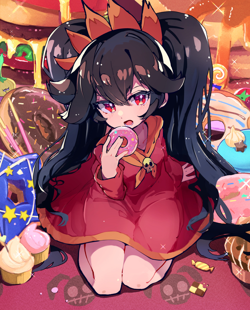1girl, ashley_(warioware), big_hair, black_hair, burger, candy, checkerboard_cookie, chocolate_doughnut, cookie, cupcake, doughnut, dress, eating, food, french_cruller, hairband, highres, hirotaka_(hrtk990203), kneeling, long_hair, long_sleeves, looking_at_viewer, neckerchief, old-fashioned_doughnut, open_mouth, orange_hairband, orange_neckerchief, pancake, pancake_stack, red_dress, red_eyes, sailor_collar, skull, skull_ornament, solo, stuffed_animal, stuffed_bunny, stuffed_toy, syrup, twintails, very_long_hair, warioware, yellow_sailor_collar