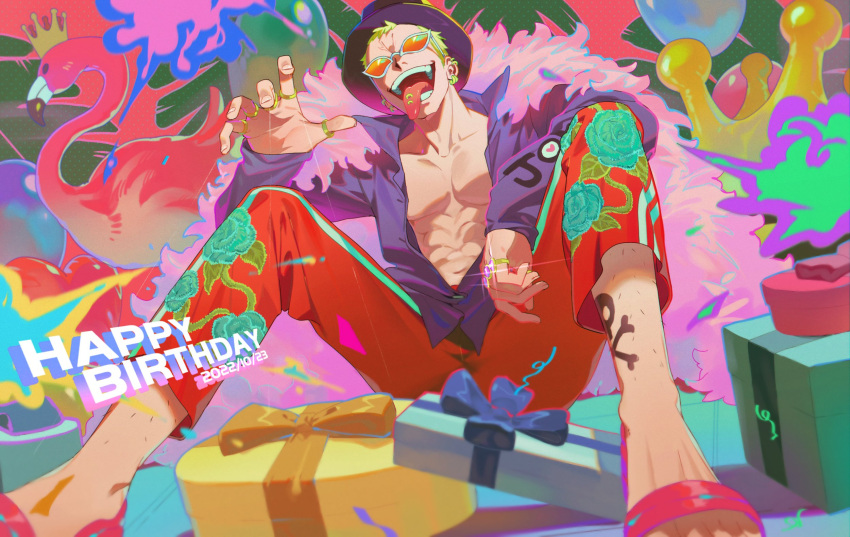 1boy, :d, alternate_costume, arm_on_knee, bird, blonde_hair, coat, coat_on_shoulders, colorful, donquixote_doflamingo, earrings, flamingo, fur_coat, gift, hand_up, happy_birthday, hat, highres, jewelry, m_legs, male_focus, multiple_rings, official_alternate_costume, one_piece, open_clothes, open_shirt, orange_eyewear, pants, piercing, purple_shirt, qin_(7833198), red_pants, ring, sandals, shirt, short_hair, sitting, skull_and_crossbones, smile, solo, sunglasses, tongue, tongue_out, tongue_piercing