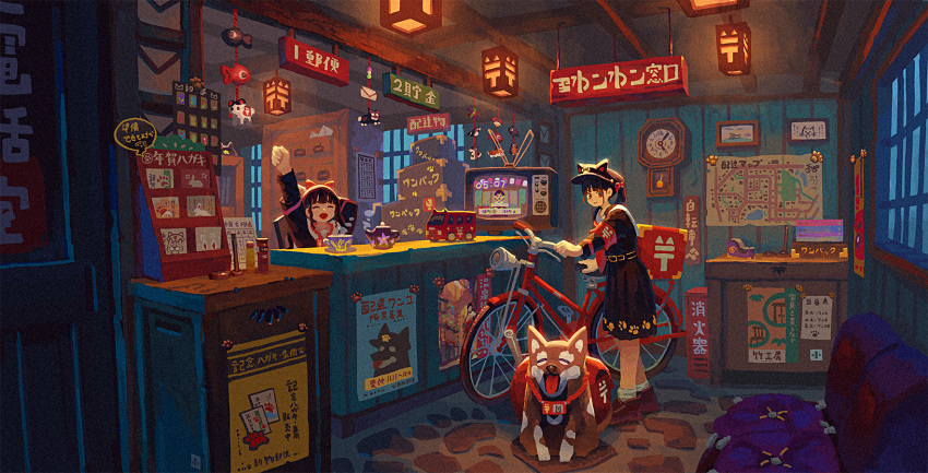 2girls, analog_clock, arm_up, armband, bangs, belt, bicycle, black_hair
