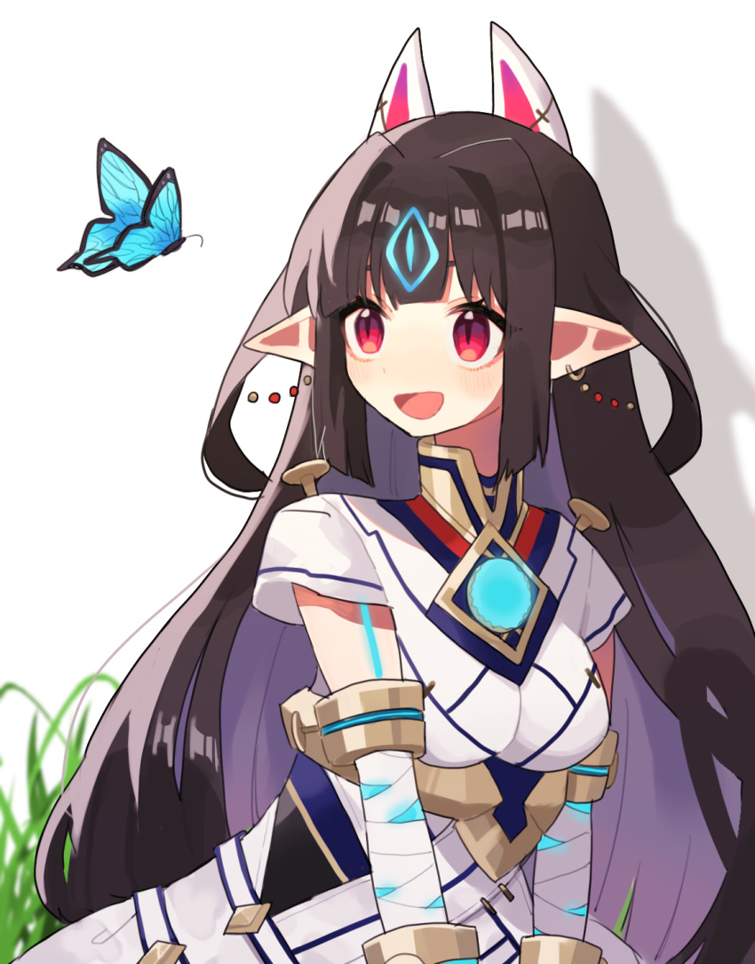 1girl, bandaged_arm, bandages, breasts, bug, butterfly, cheese_dakke, chest_jewel, earrings, highres, hime_cut, jewelry, kasandra_(xenoblade), long_hair, open_mouth, pointy_ears, red_eyes, small_breasts, solo, very_long_hair, xenoblade_chronicles_(series), xenoblade_chronicles_2