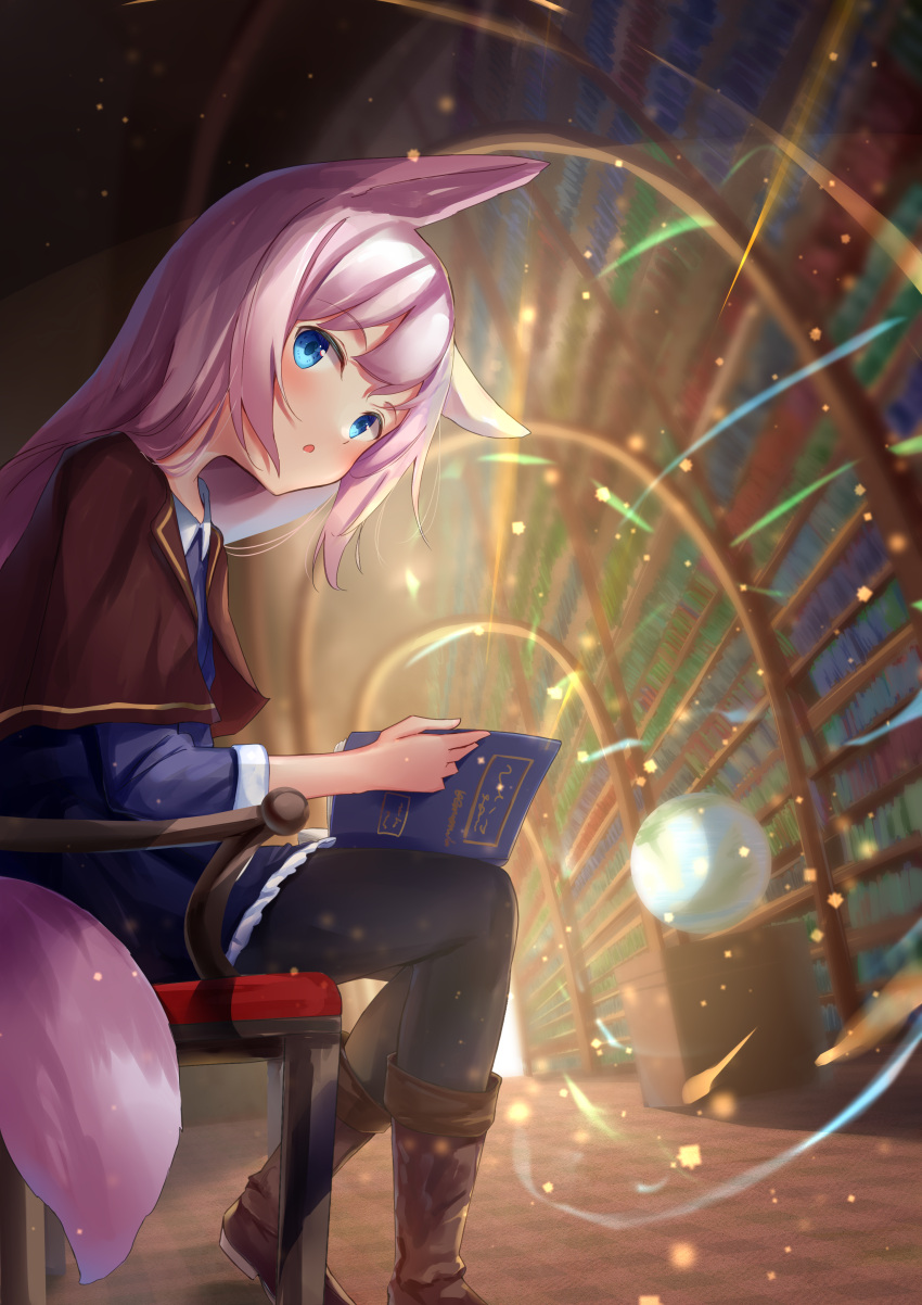 1girl, absurdres, akinakesu-chan, animal_ears, bangs, black_pantyhose, blue_dress, blue_eyes