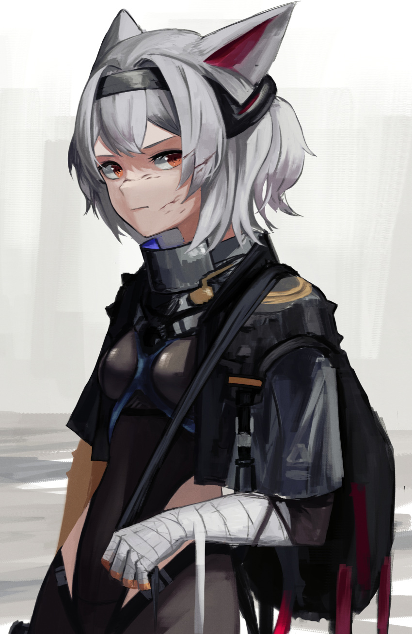 1girl, absurdres, animal_ears, arknights, backpack, bag, bandaged_arm, bandages