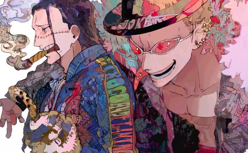 2boys, absurdres, alternate_costume, arm_around_shoulder, black_hair, black_headwear, blonde_hair, cigar