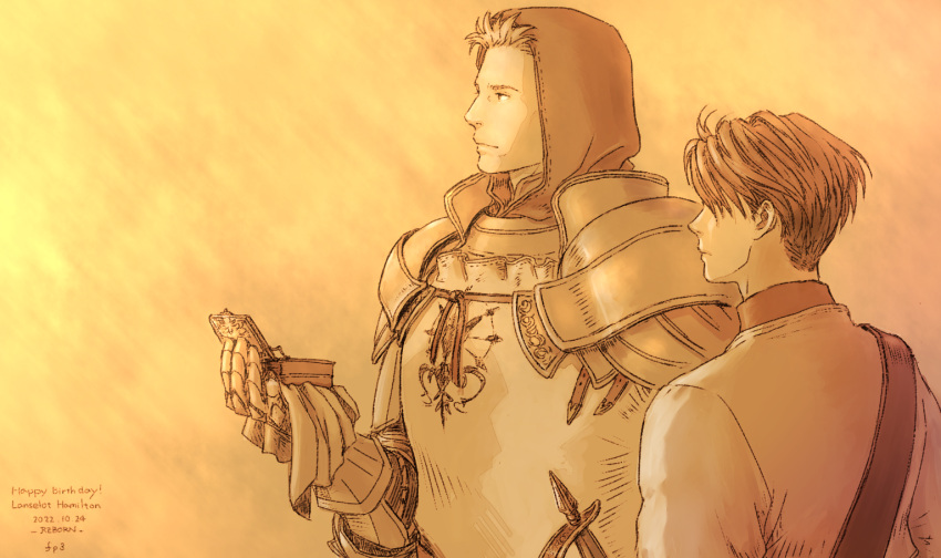 2boys, armor, brown_theme, character_name, dated, denim_powell, gauntlets, happy_birthday