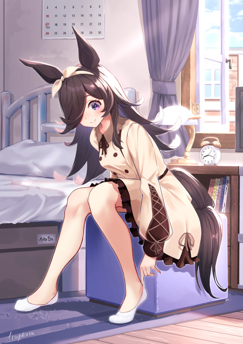 1girl, adjusting_sock, alarm_clock, animal_ears, bangs, bed, bed_frame, bedroom