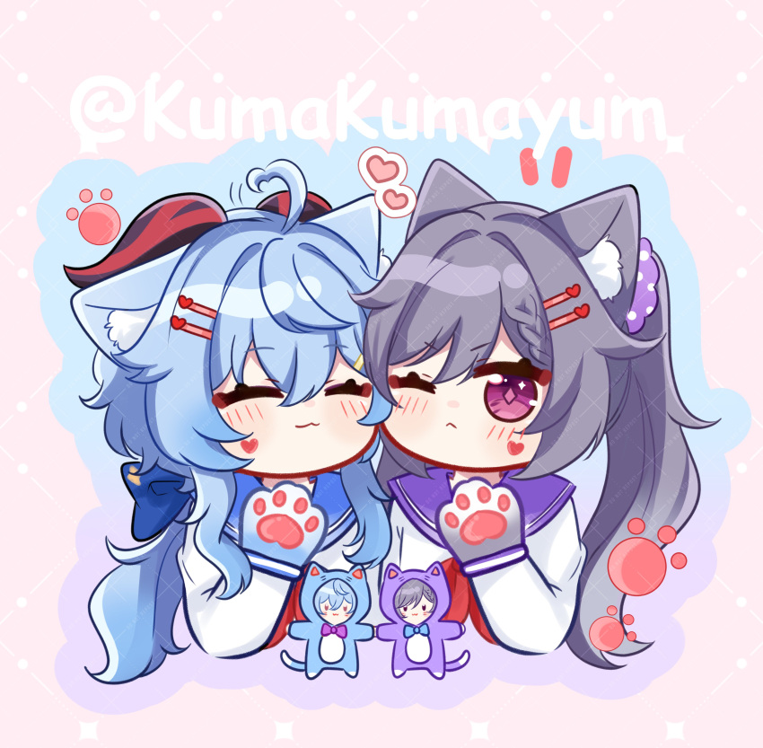 2girls, absurdres, animal_ears, blue_hair, cat_ears, closed_eyes, closed_mouth, ganyu_(genshin_impact)