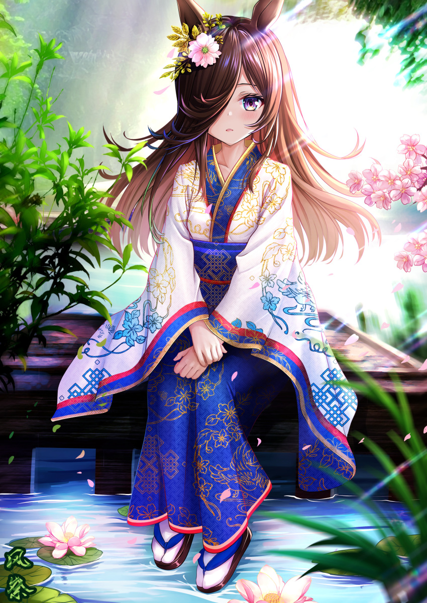 1girl, absurdres, alternate_costume, animal_ears, bangs, blue_kimono, brown_footwear, brown_hair