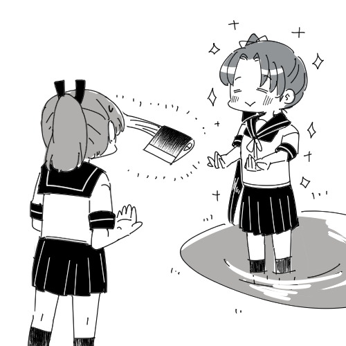 2girls, ayanami_(kancolle), closed_eyes, commentary_request, honest_axe, kantai_collection, long_hair, lowres, monochrome, multiple_girls, parody, pleated_skirt, pond, ponytail, sailor_collar, school_uniform, serafuku, shikinami_(kancolle), shirouri, side_ponytail, skirt, standing, wading, water