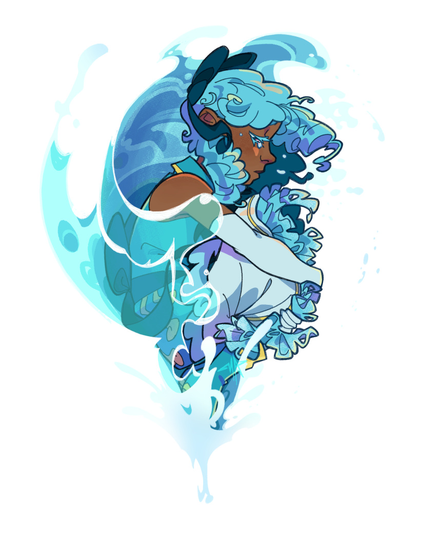 1girl, blue_hair, bow, closed_eyes, crying, dark-skinned_female, dark_skin, elbow_gloves, gloves, hair_bow, highres, hypersp-ce, magical_girl, sad, sleepless_domain, solo, transparent_background, undine_wells, uniform, water, white_gloves