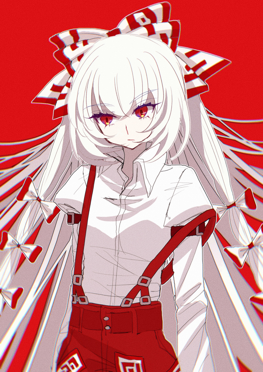 1girl, :/, absurdres, bow, closed_mouth, collared_shirt, commentary, fujiwara_no_mokou