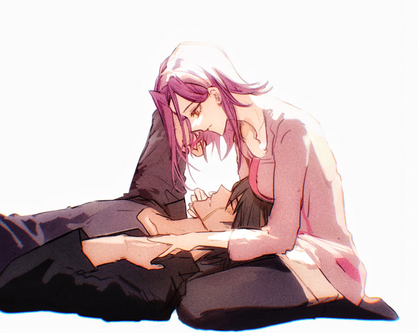 1boy, 1girl, black_hair, black_jacket, black_pants, brown_eyes, closed_eyes, collarbone, couple, facial_mark, from_side, fudou_yuusei, grey_shirt, hand_in_another's_hair, hetero, highres, izayoi_aki, jacket, lap_pillow, leaning_forward, long_hair, lying, naoki_(2rzmcaizerails6), on_back, open_clothes, open_jacket, pants, parted_lips, pink_shirt, purple_hair, shirt, simple_background, sketch, smile, white_background, yu-gi-oh!, yu-gi-oh!_5d's