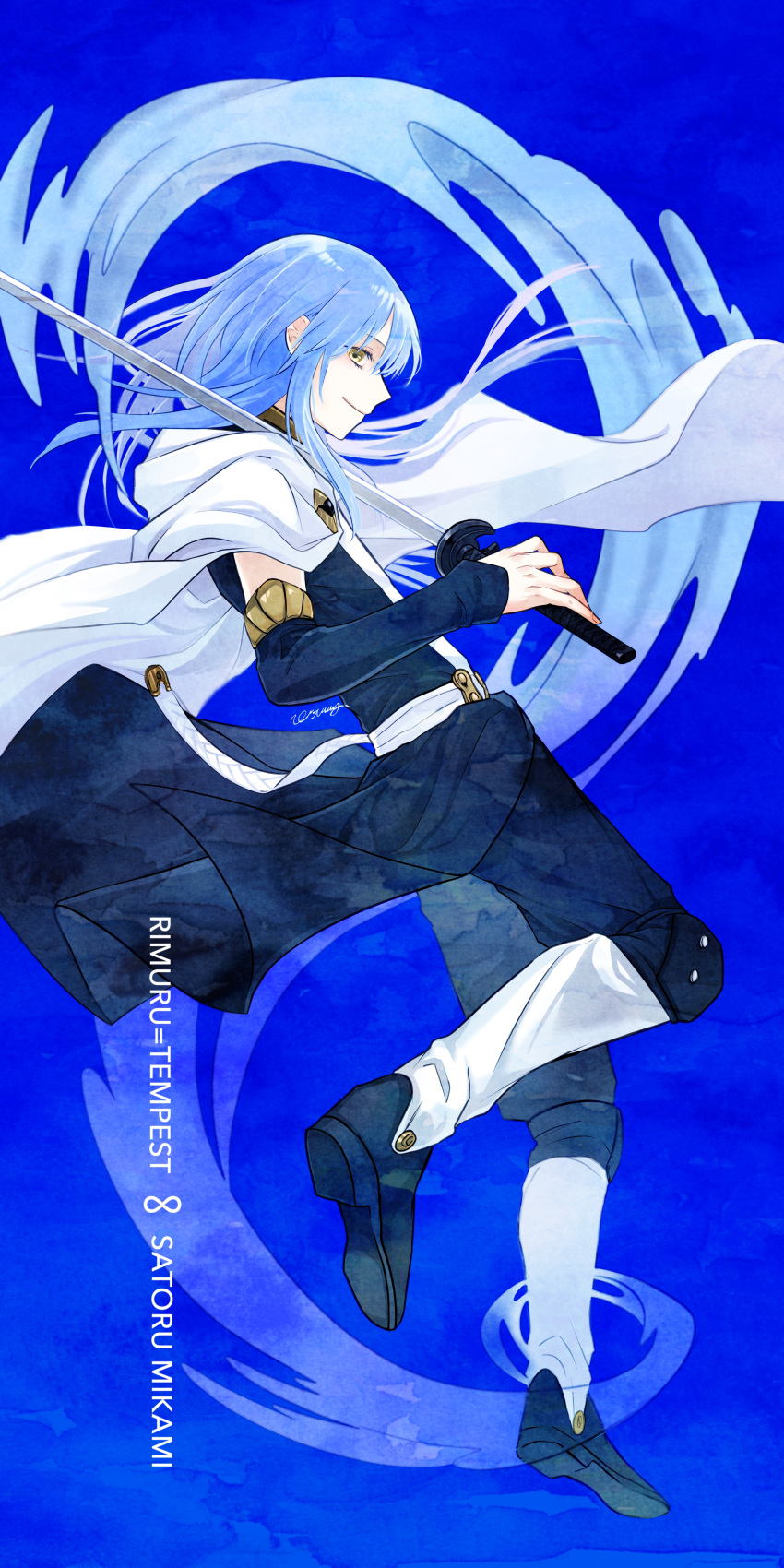1other, absurdres, black_jacket, black_pants, black_sleeves, blue_background, blue_hair, cape, closed_mouth, copyright_name, detached_sleeves, floating_hair, from_side, full_body, highres, holding, holding_sword, holding_weapon, jacket, long_hair, long_sleeves, looking_at_viewer, pants, profile, rimuru_tempest, shiny, shiny_hair, smile, straight_hair, sword, tensei_shitara_slime_datta_ken, waist_cape, wata_miya_(shiro_momen), weapon, white_cape, yellow_eyes