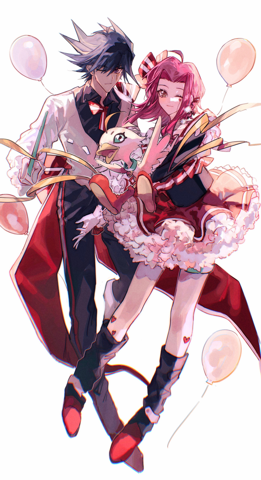 1boy, 1girl, ;), absurdres, ahoge, alternate_costume, balloon, black_jacket