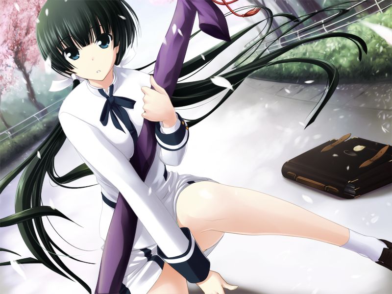 1girl, bangs, between_legs, black_ribbon, blunt_bangs, cherry_blossoms, day, floating_hair, game_cg, green_eyes, green_hair, hair_ribbon, hand_between_legs, holding, kawagishi_keitarou, kawakami_academy_uniform, long_hair, long_sleeves, looking_at_viewer, low_twintails, maji_de_watashi_ni_koi_shinasai!, mayuzumi_yukie, miniskirt, neck_ribbon, one_knee, outdoors, parted_lips, ribbon, shiny, shiny_hair, shirt, skirt, socks, solo, spring_(season), twintails, very_long_hair, white_ribbon, white_shirt, white_skirt, white_socks