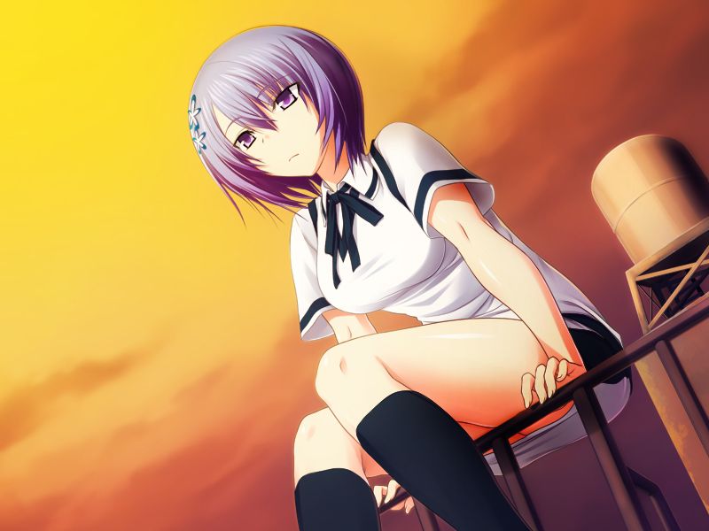1girl, bangs, black_ribbon, black_socks, closed_mouth, collared_shirt, crown, dusk
