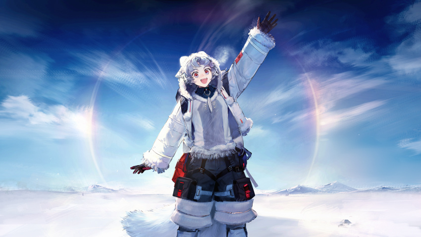 1boy, :d, absurdres, arknights, black_gloves, black_shorts, blue_sky, day