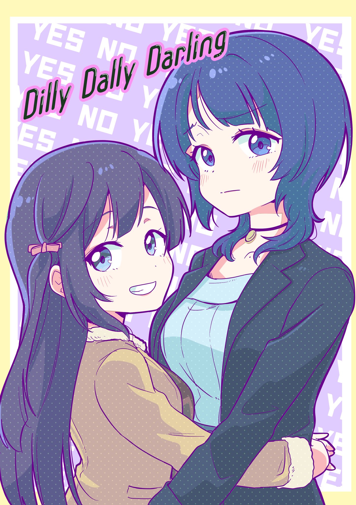 2girls, asaka_karin, black_choker, black_hair, black_jacket, blazer, blue_hair, blush, brown_jacket, choker, commentary_request, embarrassed, from_side, grin, height_difference, highres, hug, jacket, kinasuzu55, looking_at_viewer, love_live!, love_live!_nijigasaki_high_school_idol_club, multiple_girls, smile, upper_body, yuri, yuuki_setsuna_(love_live!)