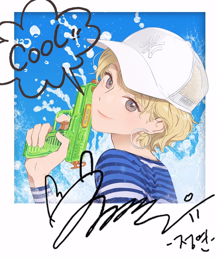1girl, animification, bangs, baseball_cap, black_eyes, blonde_hair, blue_shirt, border