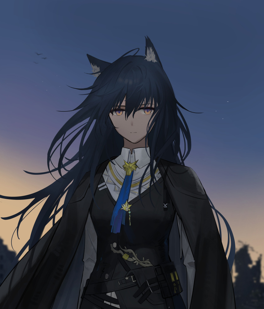 absurdres, animal_ear_fluff, animal_ears, arknights, belt, belt_pouch, black_cape, black_hair