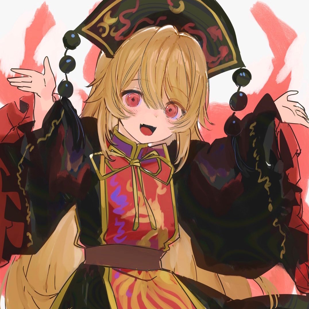 1girl, black_dress, black_headwear, blonde_hair, blush, chinese_clothes, dress, fang