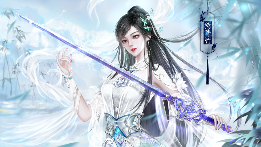 1girl, absurdres, bamboo, black_hair, china_dress, chinese_clothes, dress, earrings, facial_mark, forehead_mark, hair_ornament, highres, holding, holding_sword, holding_weapon, jewelry, jiu_bai_1212, ling_qingzhu_(wu_dong_qian_kun), long_hair, outdoors, parted_lips, ponytail, pose, sash, second-party_source, see-through, see-through_sleeves, solo, sword, teeth, weapon, wu_dong_qian_kun