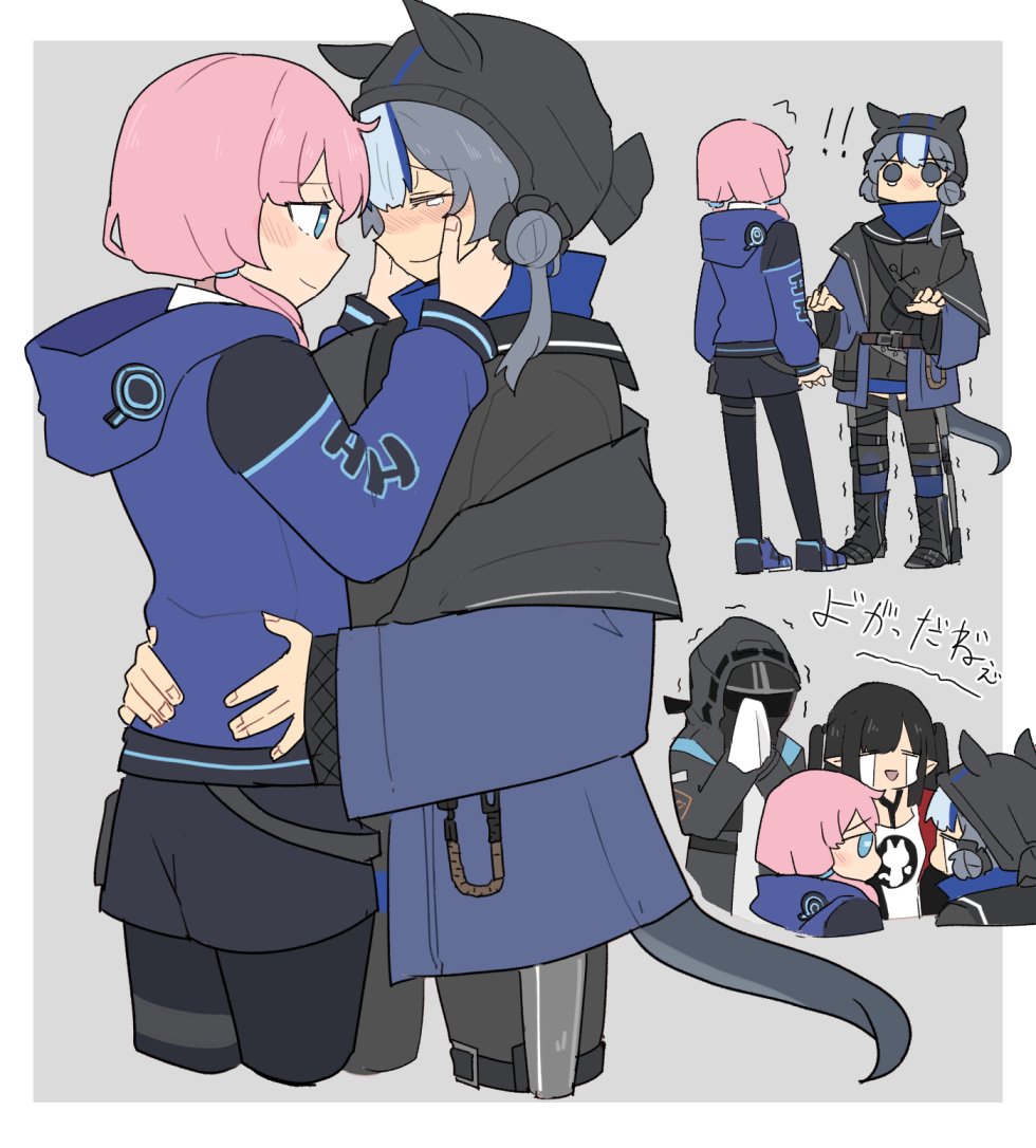 !, !!, 1other, 3girls, arknights, black_hair, blue_eyes, blue_hair