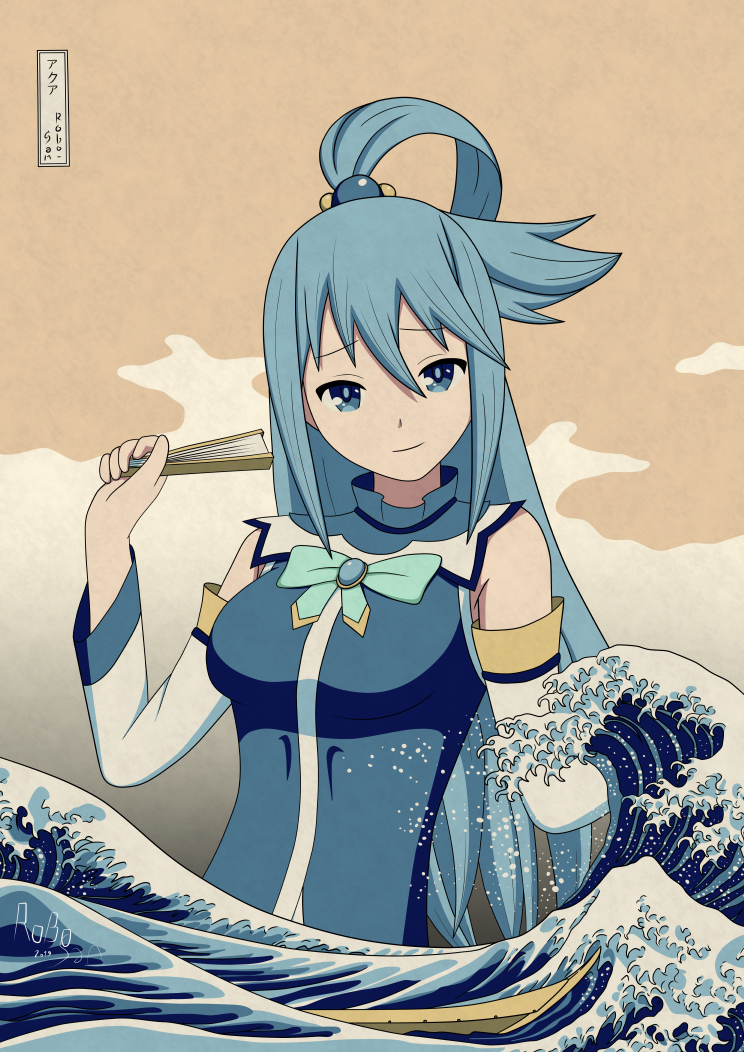 aqua_(konosuba), artist_name, blue_bow, blue_eyes, blue_hair, bow, brown_sky, clouds