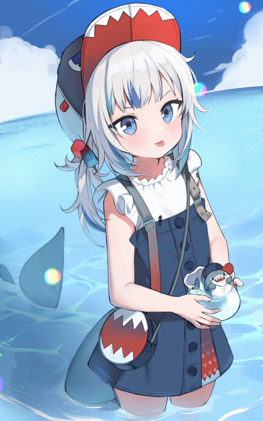 1girl, absurdres, animal, bag, bangs, bloop_(gawr_gura), blue_eyes, blue_hair