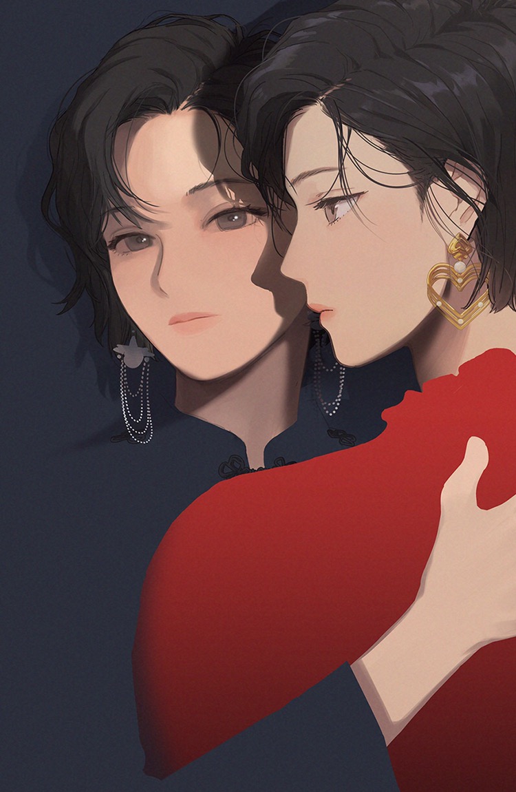 2girls, animification, black_eyes, black_hair, blending, blue_background, blue_shirt, dual_persona