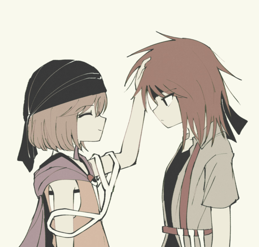 2others, androgynous, atoymk, black_eyes, black_headband, black_shirt, brown_hair, closed_eyes