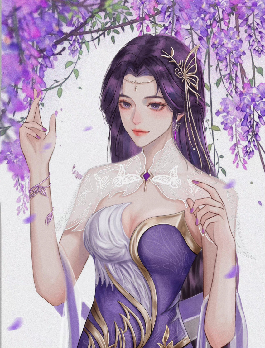 1girl, absurdres, blush, closed_mouth, dress, earrings, falling_leaves, flower, hair_ornament, highres, jewelry, leaf, long_hair, looking_to_the_side, purple_dress, purple_hair, second-party_source, smile, solo, upper_body, violet_eyes, wanmei_shijie, white_background, wisteria, yun_xi_(wanmei_shijie)