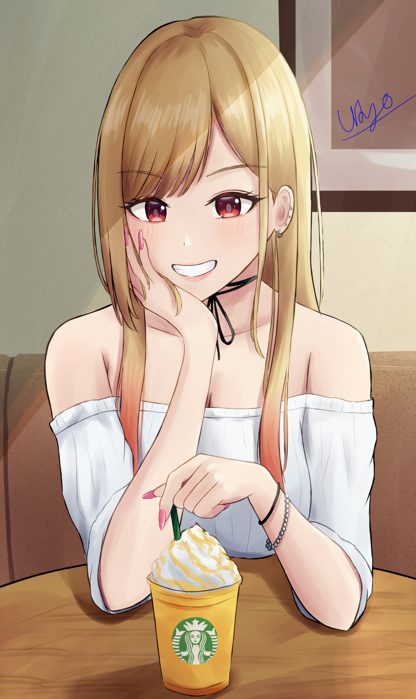 1girl, absurdres, bangs, barbell_piercing, bead_bracelet, beads, black_choker, blonde_hair