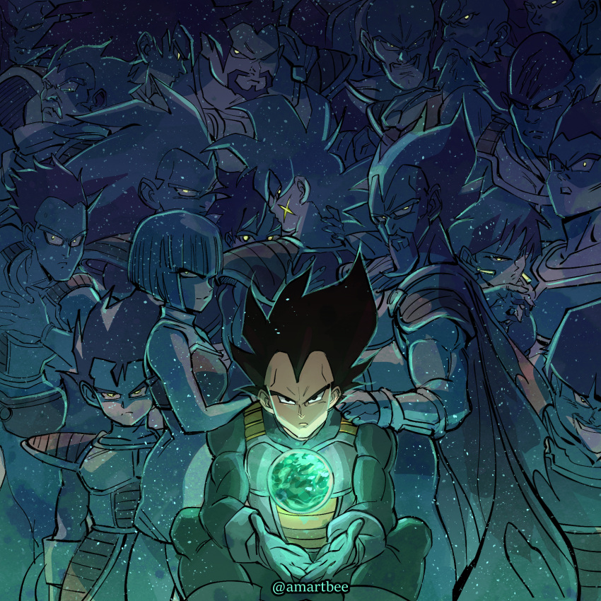 3girls, 6+boys, amartbee, armor, bald, bardock, beard, beets_(dragon_ball), black_eyes, black_hair, bob_cut, broly_(dragon_ball_super), cape, cross_scar, dragon_ball, dragon_ball_minus, dragon_ball_super, dragon_ball_super_broly, dragon_ball_z, dress, earrings, evil_grin, evil_smile, facial_hair, frown, gine, gloves, grin, hand_on_another's_shoulder, highres, hug, jewelry, king_vegeta, long_hair, multiple_boys, multiple_girls, muscular, muscular_male, mustache, nappa, nion_(dragon_ball), panbukin_(dragon_ball), paragus_(dragon_ball_super), raditz, saiyan, scar, scar_on_cheek, scar_on_face, serious, seripa, short_dress, short_hair, shoulder_armor, sitting, smile, tarble, toma_(dragon_ball), toteppo, vegeta, white_gloves