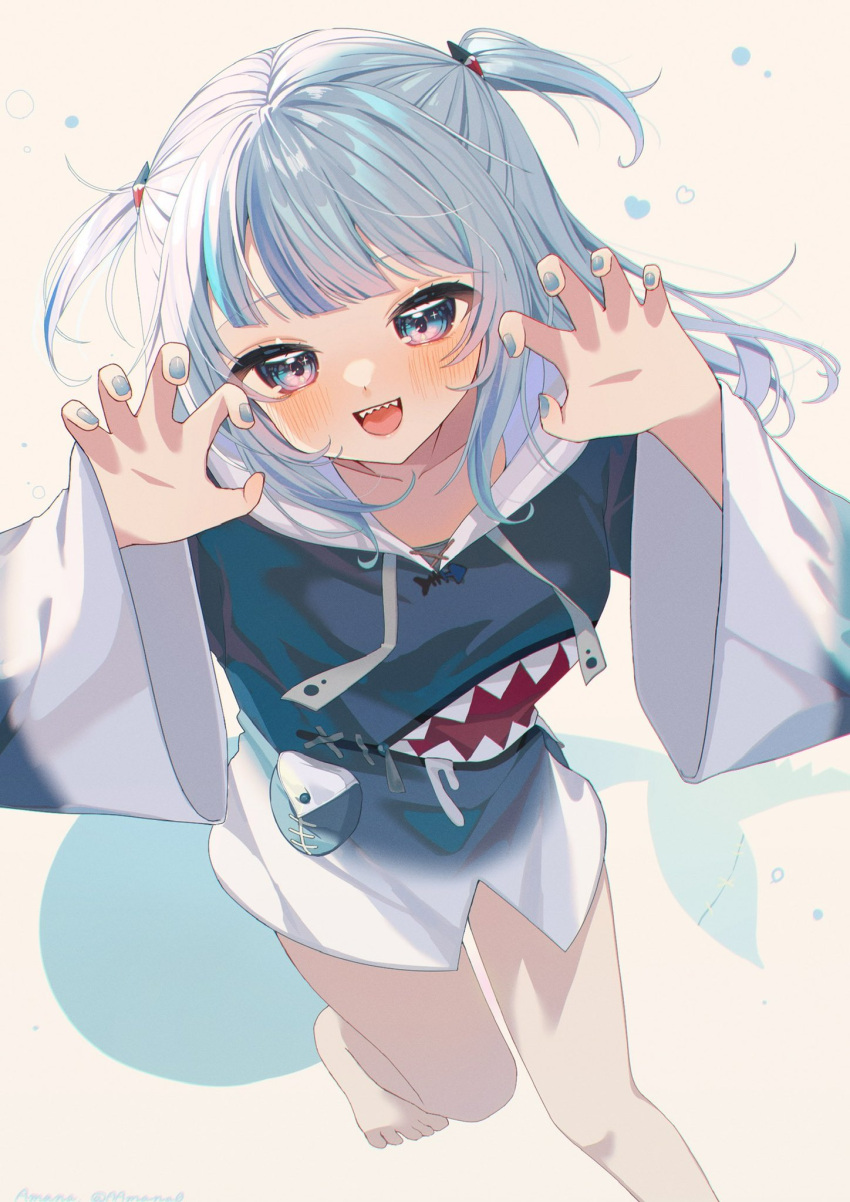 1girl, aamana0, bangs, blue_hair, blue_nails, blush, gawr_gura, highres