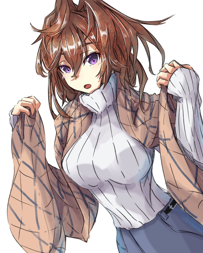 1girl, alternate_costume, alternate_eye_color, breasts, brown_hair, brown_shawl, highres, kantai_collection, large_breasts, long_hair, long_sleeves, messy_hair, shawl, sheffield_(kancolle), simple_background, solo, sweater, tonke, turtleneck, turtleneck_sweater, violet_eyes, white_background, white_sweater