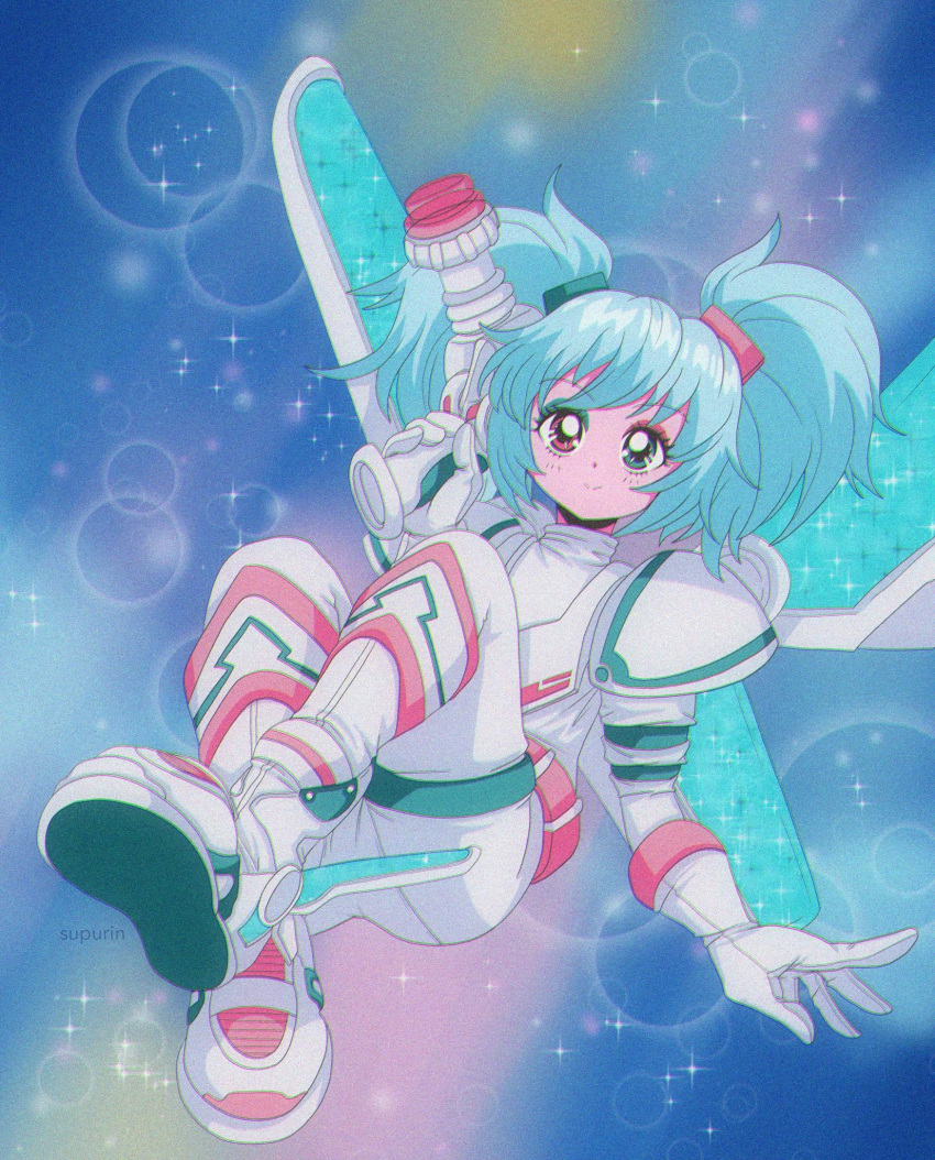 1girl, armor, artist_name, blue_background, blue_eyes, blue_hair, bodysuit, closed_mouth