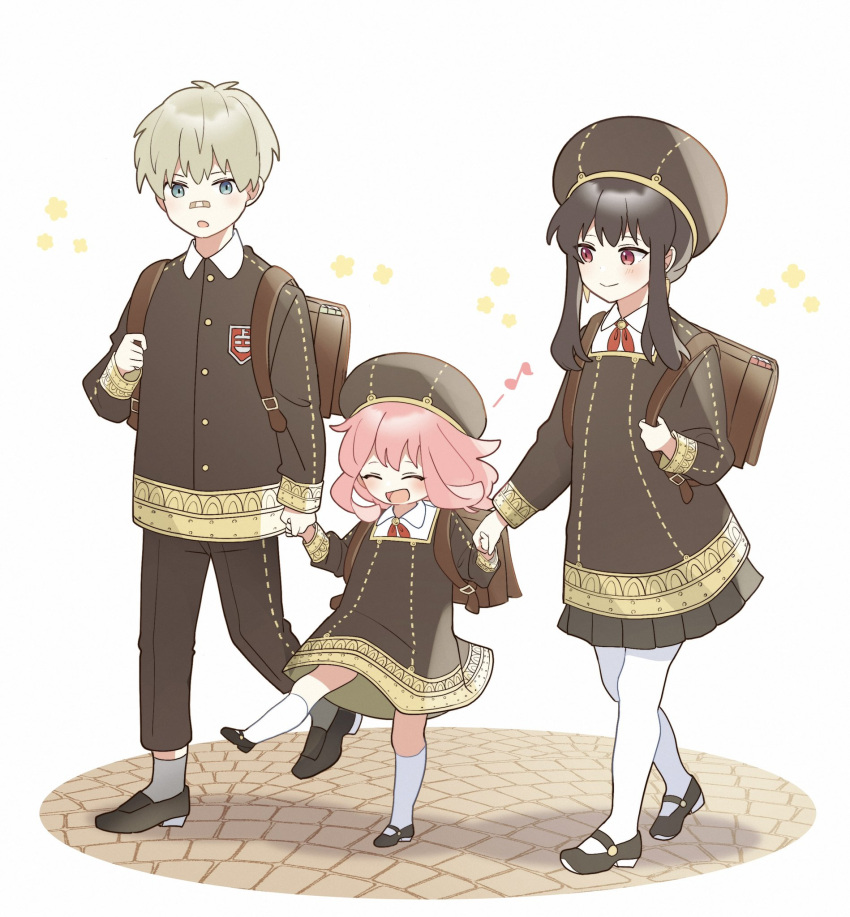 1boy, 2girls, anya_(spy_x_family), bag, bandaid, bandaid_on_face, bandaid_on_nose, bangs, black_dress, black_footwear, black_hair, blue_eyes, blush, brown_bag, brown_dress, brown_footwear, brown_hair, brown_headwear, brown_jacket, brown_pants, buttons, closed_eyes, closed_mouth, collared_shirt, commentary, dress, earrings, eden_academy_uniform, flower, gold_earrings, grey_socks, hair_between_eyes, hair_ornament, hairpods, hakuuyori, hand_up, hands_up, hat, highres, holding, holding_hands, jacket, jewelry, leg_up, light_brown_hair, long_sleeves, looking_at_another, looking_down, medal, multiple_girls, musical_note, neck_ribbon, open_mouth, pants, pantyhose, pink_hair, red_eyes, red_ribbon, ribbon, shirt, shoes, short_hair, short_hair_with_long_locks, sidelocks, simple_background, smile, socks, spy_x_family, standing, standing_on_one_leg, symbol-only_commentary, tongue, twilight_(spy_x_family), walking, white_background, white_pantyhose, white_shirt, white_socks, yellow_flower, yor_briar