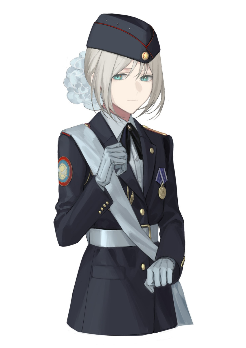 1girl, alternate_costume, an-94_(girls'_frontline), aqua_eyes, arm_up, bangs, belt, black_jacket
