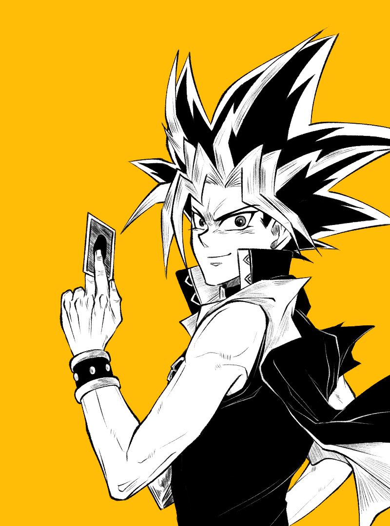 1boy, card, from_side, holding, holding_card, jorongbak, looking_at_viewer, male_focus, millennium_puzzle, monochrome, orange_background, smile, solo, upper_body, yami_yuugi, yu-gi-oh!, yu-gi-oh!_duel_monsters