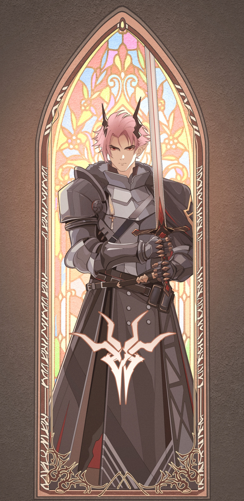 1boy, absurdres, arknights, armor, black_horns, chinese_commentary, closed_mouth, gauntlets, highres, holding, holding_sword, holding_weapon, horns, jueduihuoli, looking_at_viewer, male_focus, pink_hair, pointy_ears, red_eyes, simple_background, solo, stained_glass, sword, theresis_(arknights), weapon