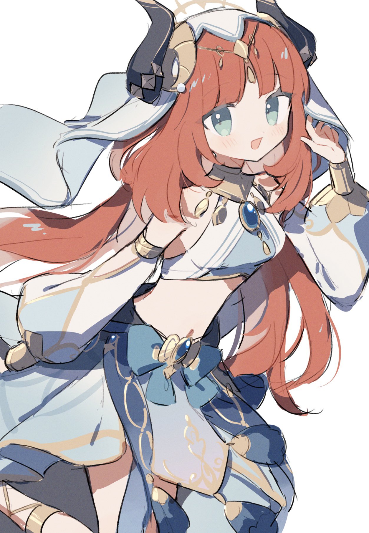 1girl, bangs, blue_eyes, blush, breasts, dancer, detached_sleeves, genshin_impact, gladiator_sandals, harem_outfit, headdress, highres, horns, jewelry, kabe_sakana, long_hair, looking_at_viewer, nilou_(genshin_impact), open_mouth, redhead, sandals, simple_background, small_breasts, solo, veil, very_long_hair, white_background
